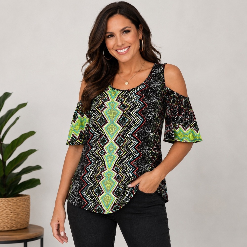 NWT Signature Studio Cold Shoulder Top Womens M Black Lime Tribal Geometric